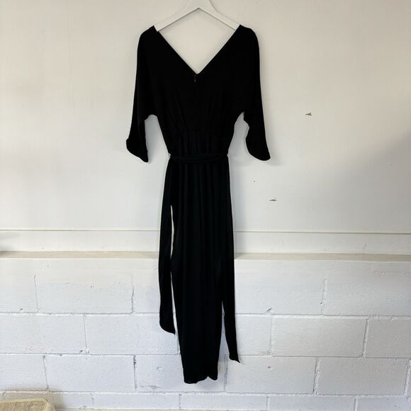 Milly Silk V Neck 3/4 Sleeve Pleated Belted Pant Jumpsuit Dressy Black Size 0 - Picture 3 of 16